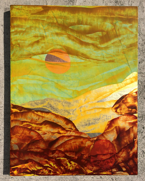 ZACH STORM Day, 2017 Oil, Pigments, Glass, Lead, Wax, Resin, Gold and Copper leaf on Hand-Dyed Canvas Mounted Panel 15 x 20 inches