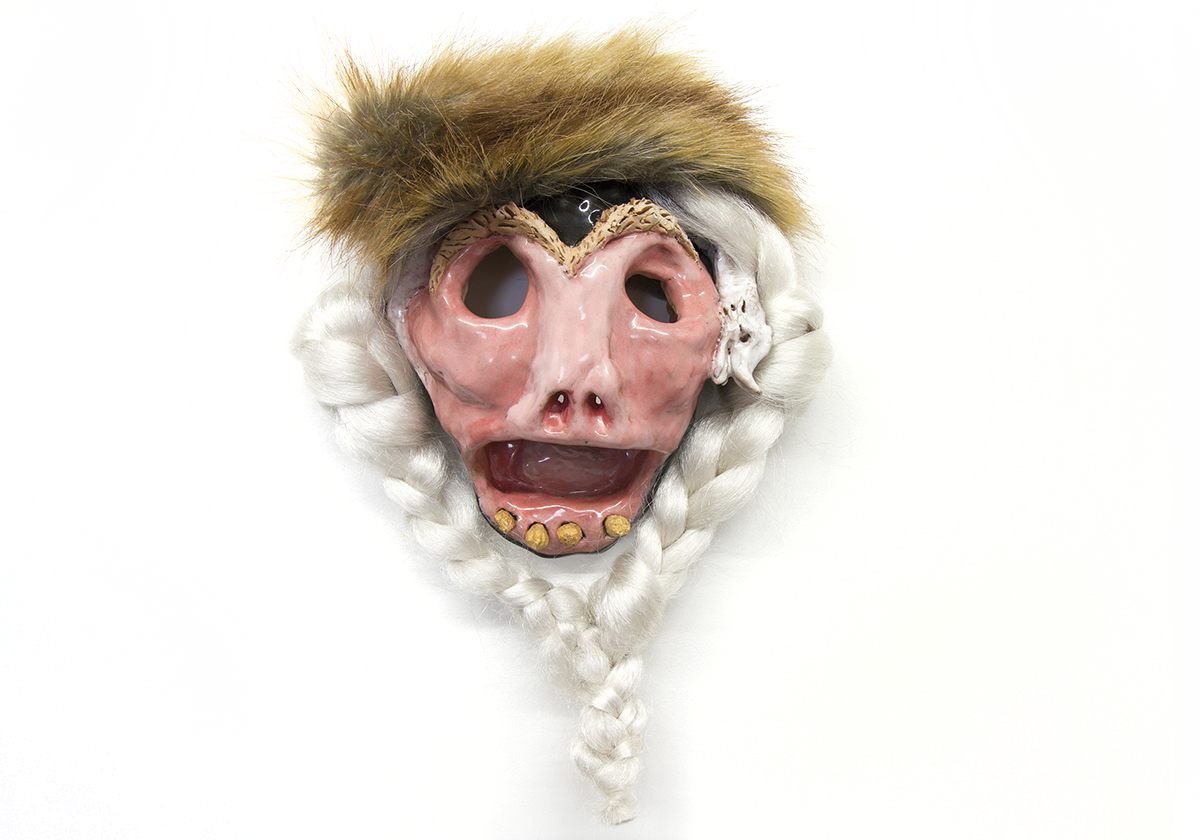 White Dragon Lady, 2019 by Lydia Maria Pfeffer, Ceramic, fox fur, synthetic hair, wood, 15 x 9.5 x 4 inches