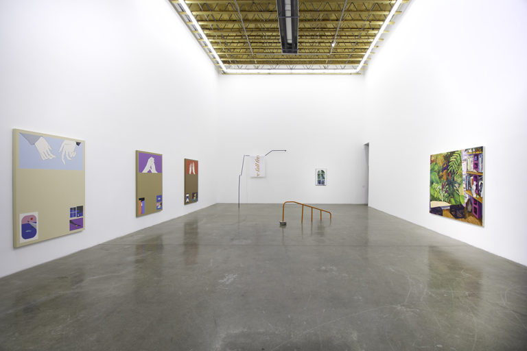 Installation image of Absolute Space, of about five paintings hanging on the wall of the gallery. There is installation and sculpture