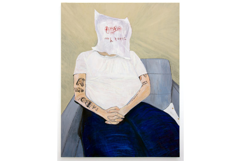A figurative painting shows a tattooed person and the face is covered of white plastic with a text states "Thank You"