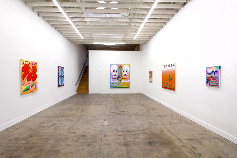 Installation image for Ben Sanders's Poppies, of about six figurative paintings hanging on the wall of the gallery. Most of the paintings focuses on opium poppy