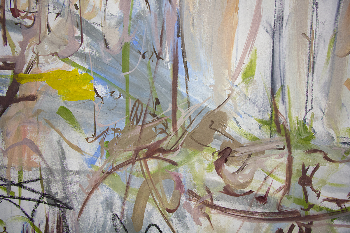 A detailed image of an abstract painting that consists of bright and vivid, and earth-tone paints that were smeared on the white canvas