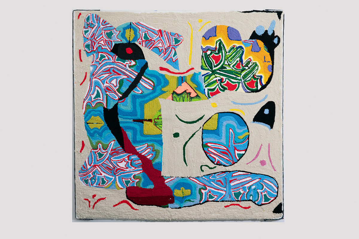A large-scale painting made entirely of brightly-colored yarn that feature abstraction. It depicts a digital doodling