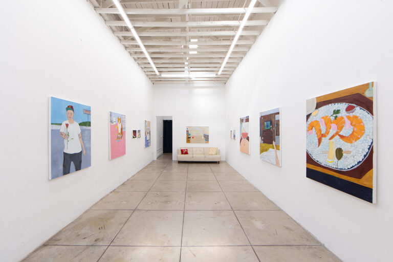 Installation image of Ali Liebegott’s Rooms and Other Feelings at OCHI, Los Angeles, CA. Various paintings and a couch are installed in the gallery