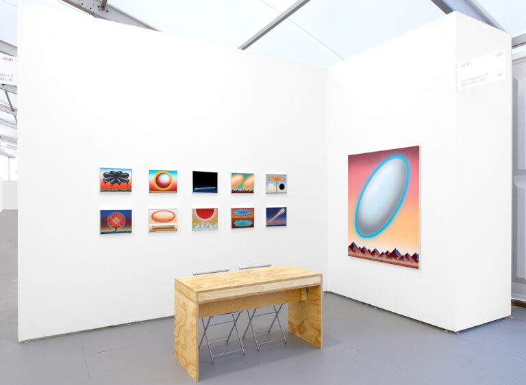 Installation image of Ben Sanders' Post Existence Postcard paintings at Untitled Miami Beach 2022