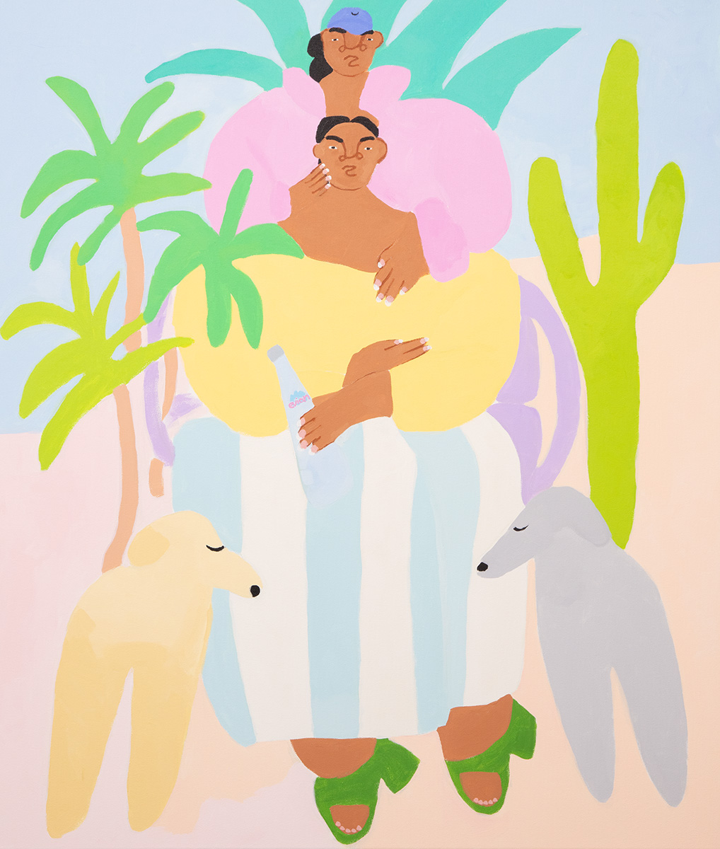This painting is of two women arranged in front of each other in the center of the composition. The one in the back is standing, laying her hands on the neck and chest of the one in the front, who is sitting. Beside them are two dogs and a few trees.