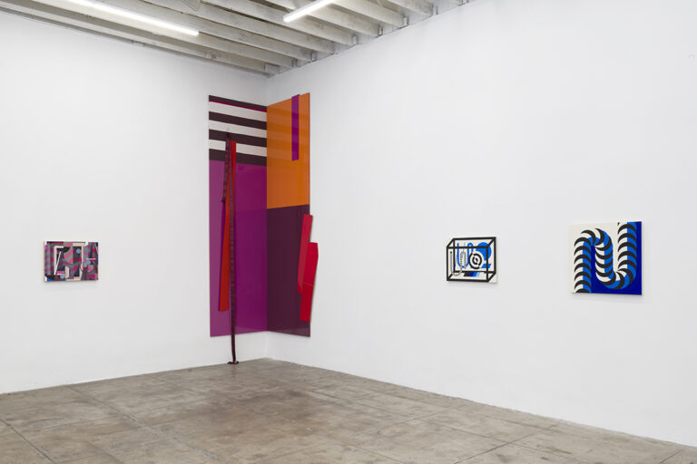 Installation Image of Infinite Games showing the geometric abstract paintings, patterns are striped, grid style, 3D shapes and crescent shapes.