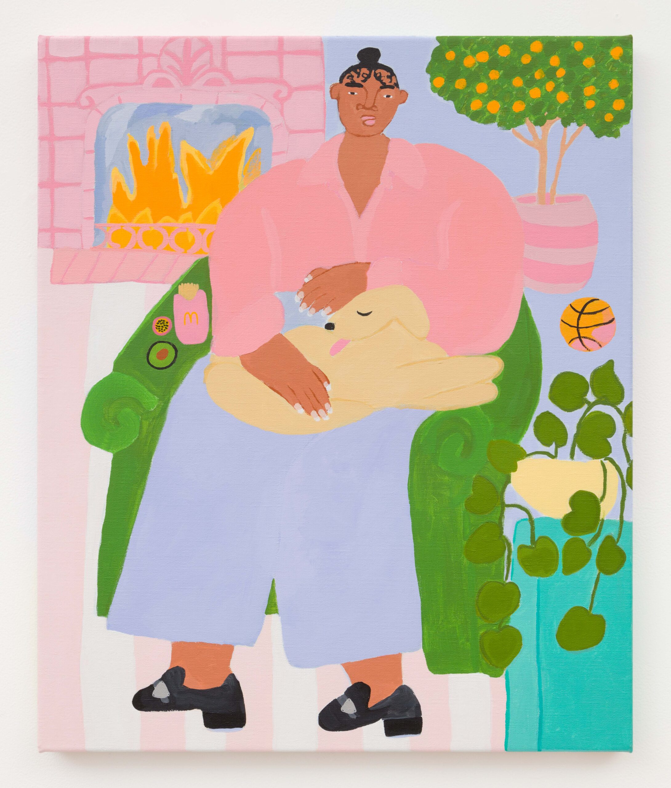 A painting of a woman sitting in a green chair with a dog in her lap. Beside her is an avocado, a pink cup of McDonalds Fries, a dragon fruit, and a basketball. There is a fireplace and a potted orange tree behind her.